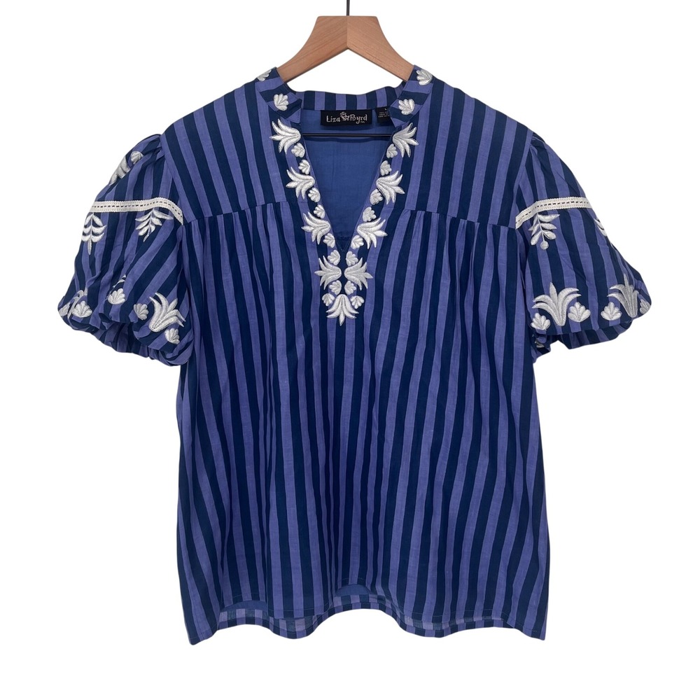 Liza Byrd Embroidered Striped Blouse Womens Large Blue V-Neck Puff Sleeve Boho